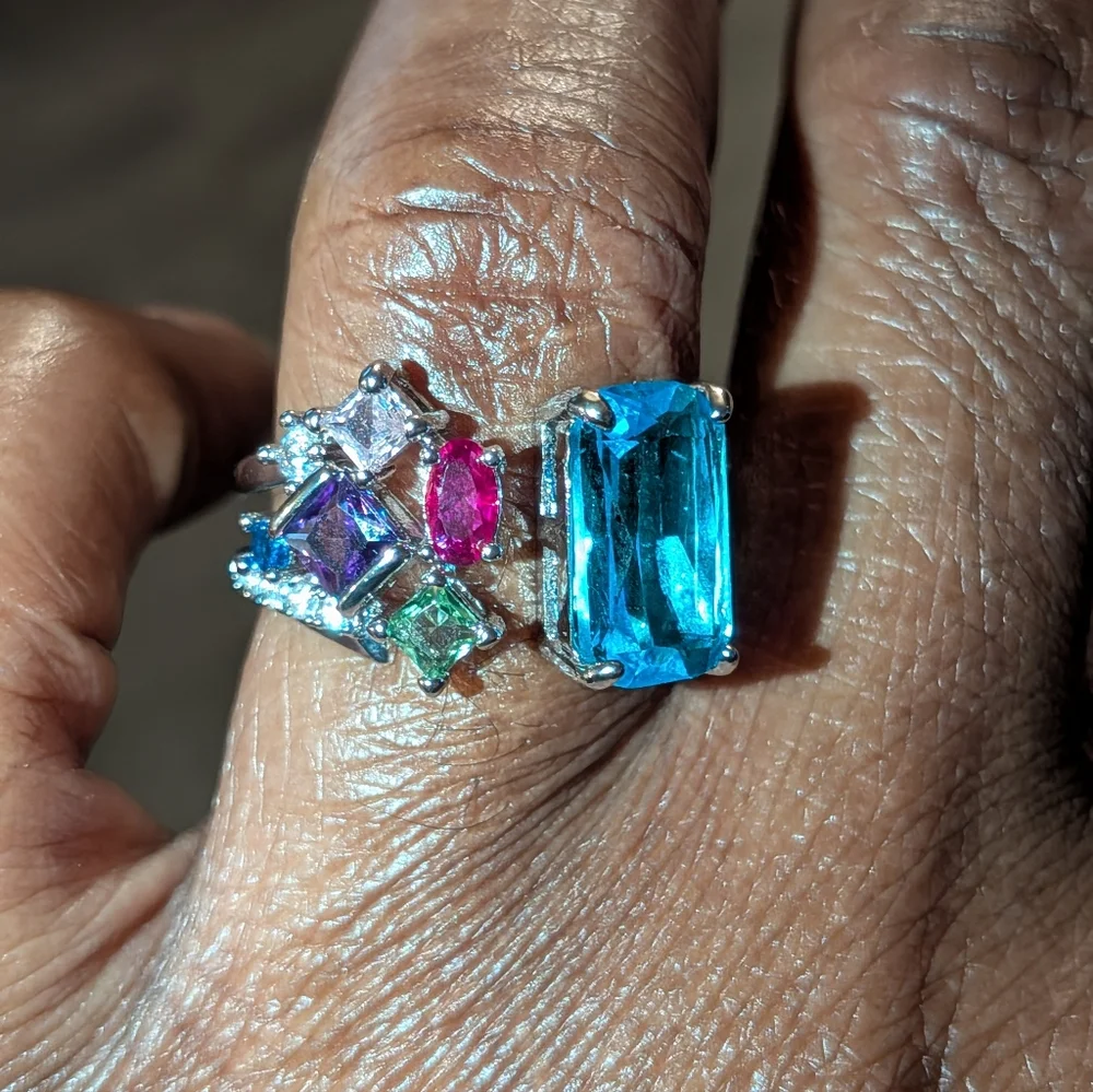 Vibrant Silvery Multi-Gemstone Open Resizable Ring